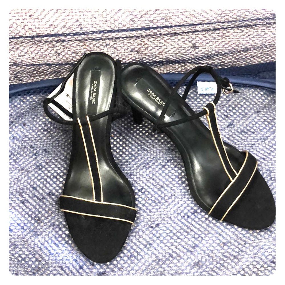 ZARA Gold / Black sandals heels sz 37 NWT